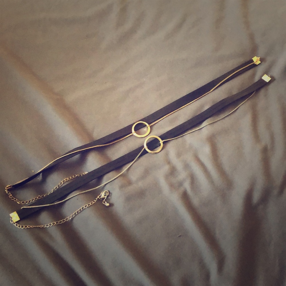 2 black chokers gold silver leather necklaces